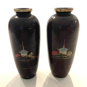 Brown Pair of Asian Vases With Hand Painted Japanese Scene Folk Art